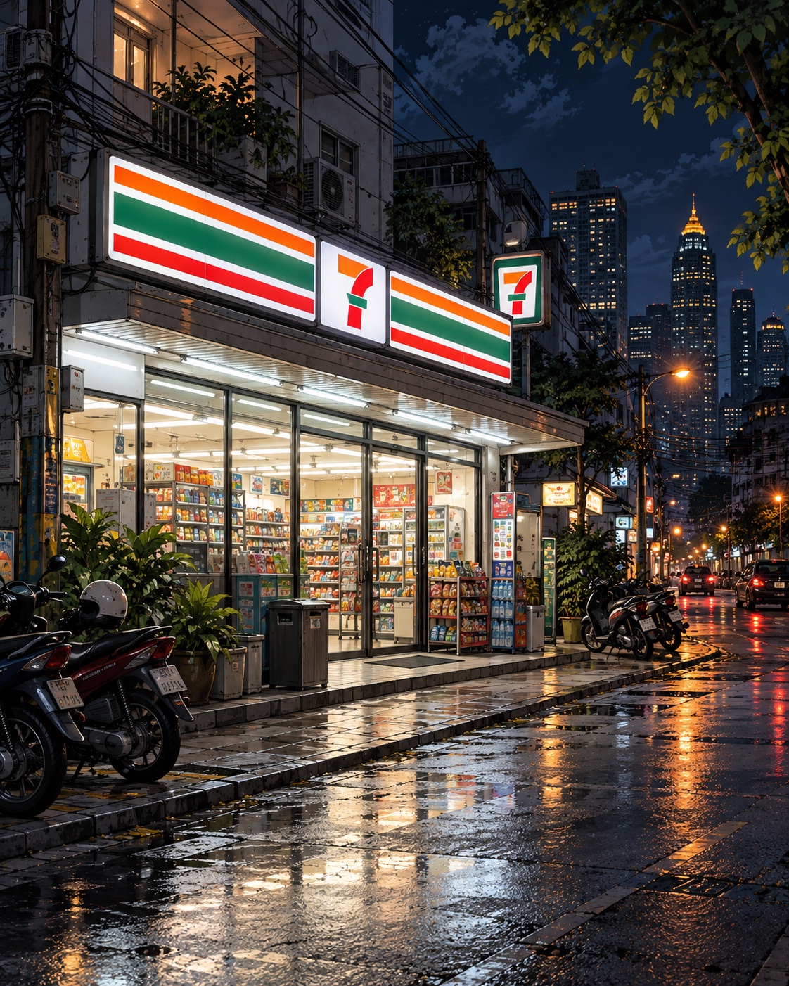 夜色中的便利店与街道插画